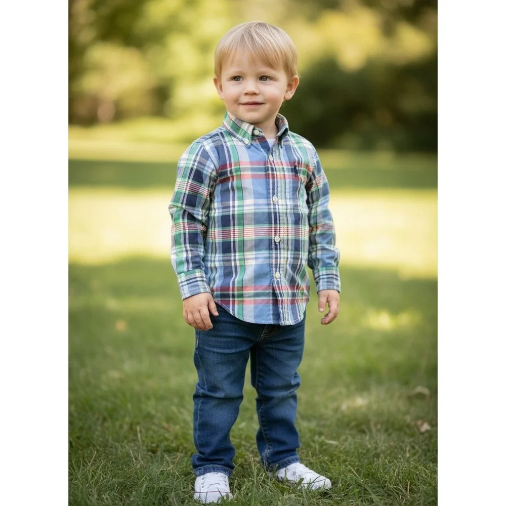 Polo Ralph Lauren Kids Blue Green Plaid Cotton Button Down Shirt Size 4 RN41381